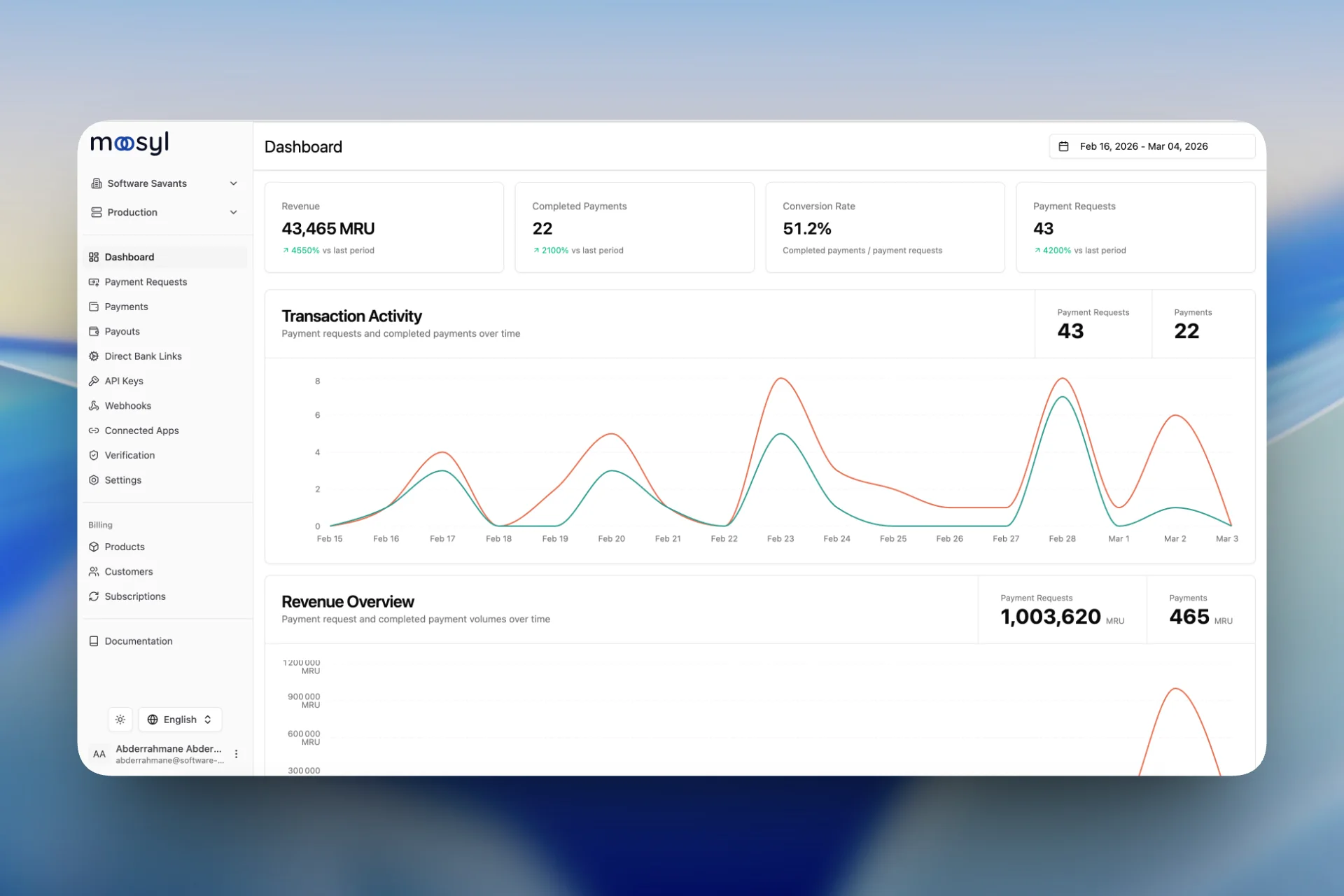Moosyl merchant dashboard showing payments, revenue, and transaction activity
